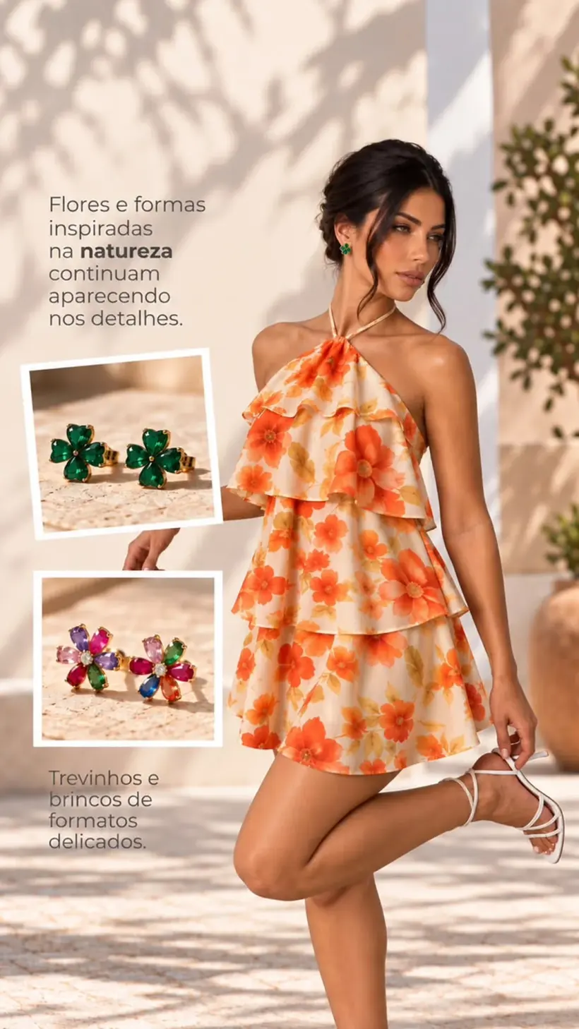 Vestido floral com brincos de trevo e flor